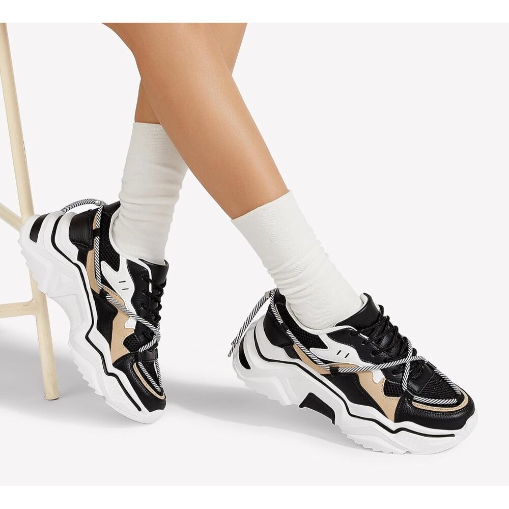 〽️Women's Black/White Lucky Platform Colorblock Sneakers Chunky Walking Shoes - Picture 9 of 9